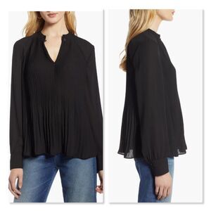 Halogen Black Pleated Long-Sleeve Blouse